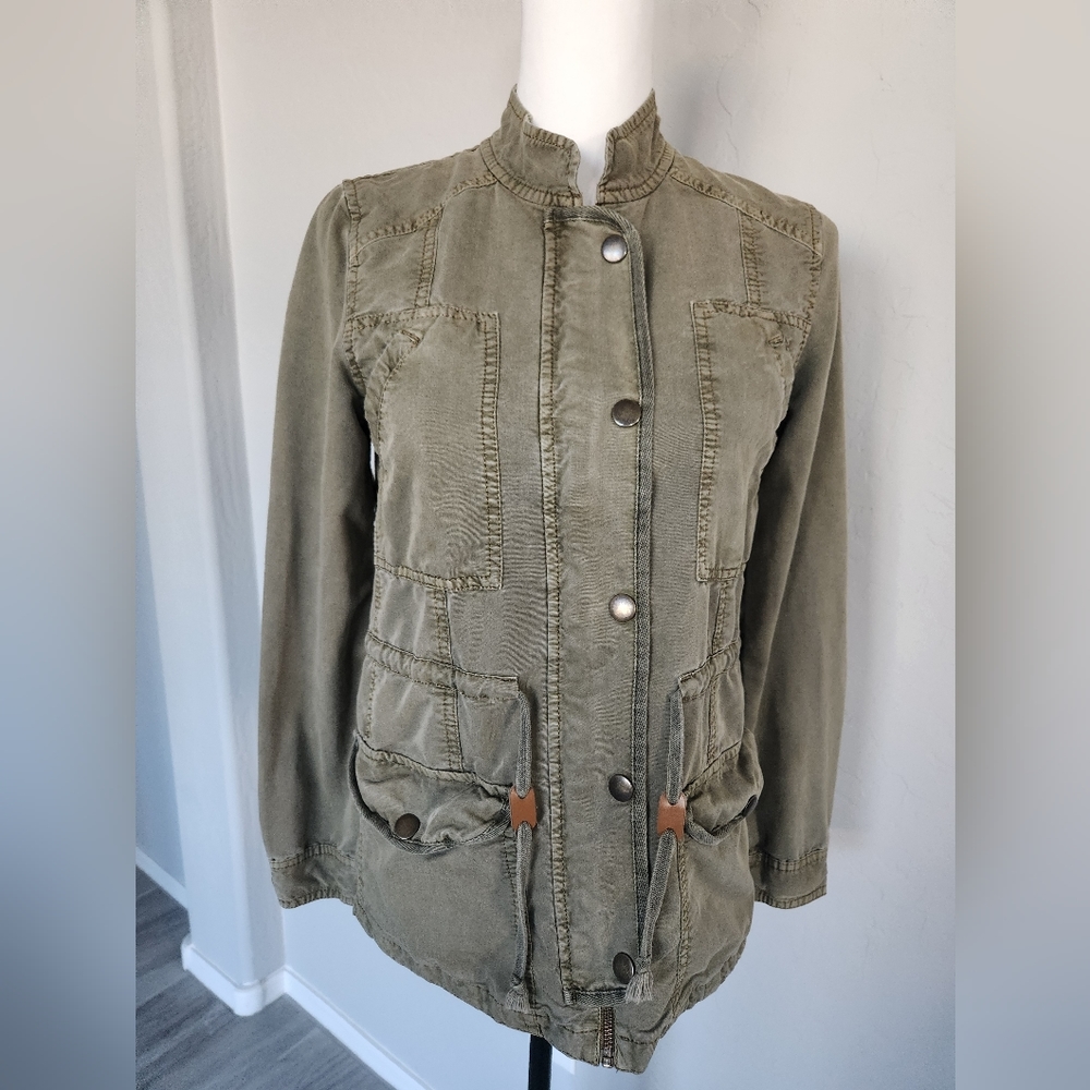 Hinge Cargo Utility Army Green Drawstring Waist Drapey Jacket Coat Zip Sz XXS